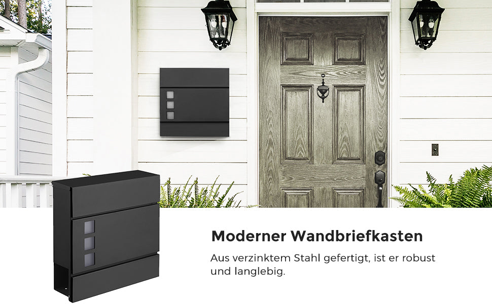 Briefkasten, Wandbriefkasten, modern, abschließbar, mit Zeitungsfach, einfache Montage, schwarz