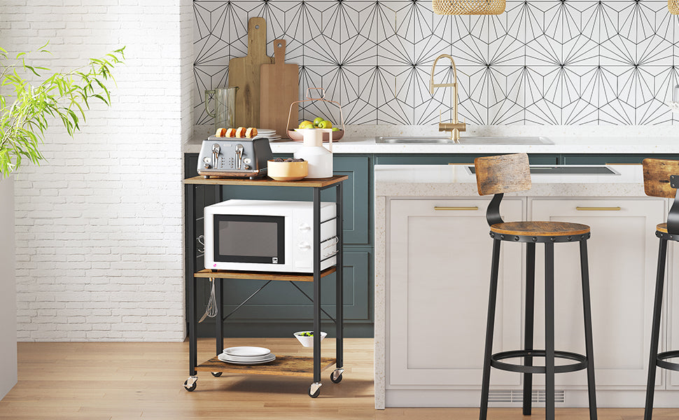 Küchenregal auf Rollen, Servierwagen mit 3 Ebenen, Druckerständer, Druckertisch, mit 6 Haken, Industrie-Design, Metall, für Homeoffiche, Küche