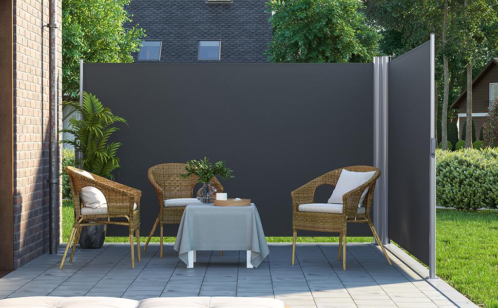 180 x 600 cm (H x L), Doppelseitenmarkise ausziehbar, Sichtschutz, Sonnenschutz, TÜV SÜD GS Zertifiziert, verdickter Polyester 280 g/㎡, rauchGrau