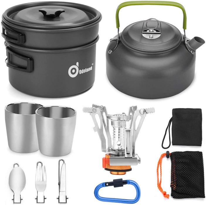 Camping Kochgeschirr Set 11-teiliges Outdoor Kochgeschirr mit Mini Gaskocher Tragbar Aluminium Topf 0.8L Teekessel 2 Tassen Faltbare Besteck Camping