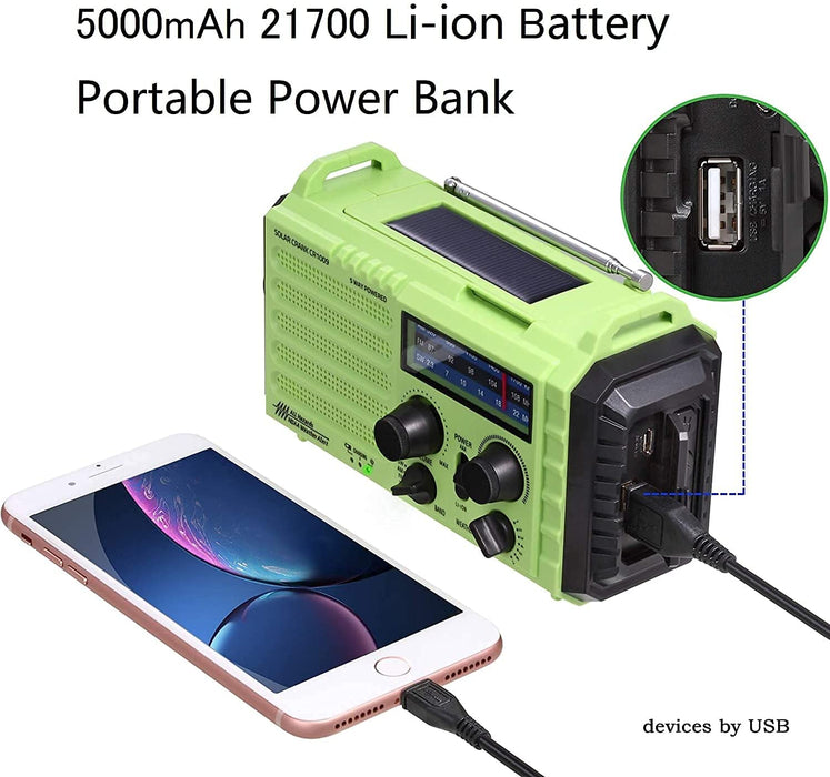 AM/FM/SW Baustellenradio Kurbelradio, Tragbares 5-Wege Wetter Solar Radio, Dynamo Handkurbel, Power Bank, LED Camping Licht, SOS-Alarm, Kompass (Grün)