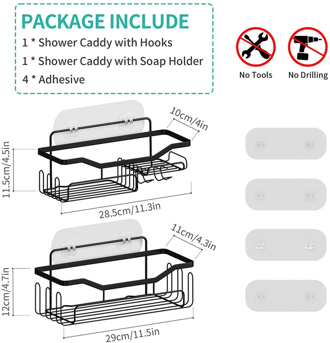 Duschablage, Duschregal Ohne Bohren für Badezimmer und Küche, Duschkorb mit 11 Haken Seifenschale Rasiererhalter Shampoo Halterung für Dusche