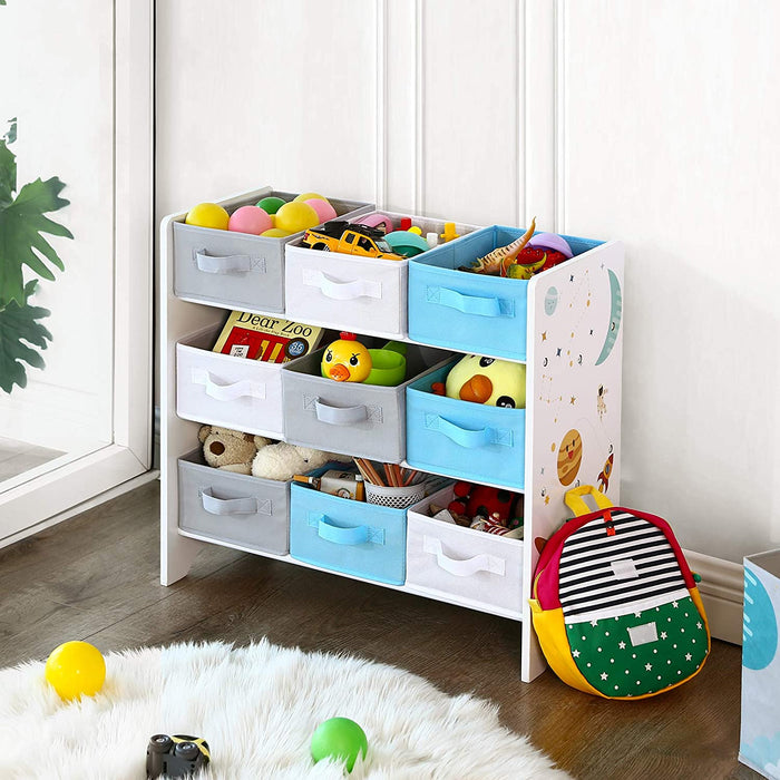 Kinderzimmerregal, Spielzeug-Organizer, Bücherregal für Kinder, mit 9 Aufbewahrungsboxen aus Fleece, Kinderzimmer, Schule, Kindergarten