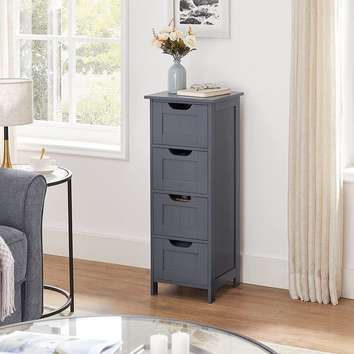 Badezimmerschrank, schmaler Badschrank aus Holz mit 4 Schubladen, 30 x 30 x 82 cm, Wohnzimmer, Schlafzimmer, Flur, tief, freistehend, Grau