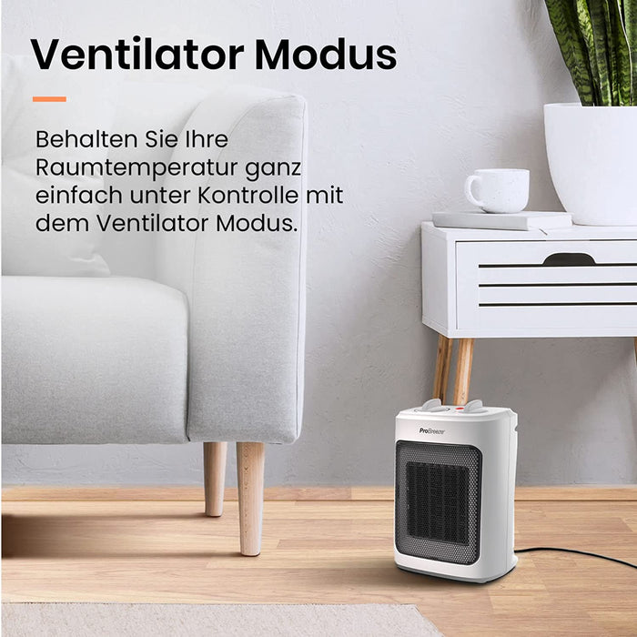 2000W Mini Keramik Heizlüfter mit Kaltstufen und drei Leistungsstufen - für Betrieb im Büro, Wohnzimmer, Schlafzimmer oder Terasse - Weiß