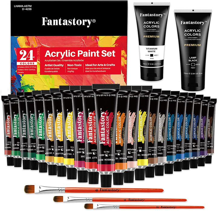 Acrylfarben Set, Fantastische Farben, 24 Farben（22×22ml & 2×75m) Nicht Verblassend, Wasserdicht, Reiche Pigmente für Maler, Leinwand, Holzton