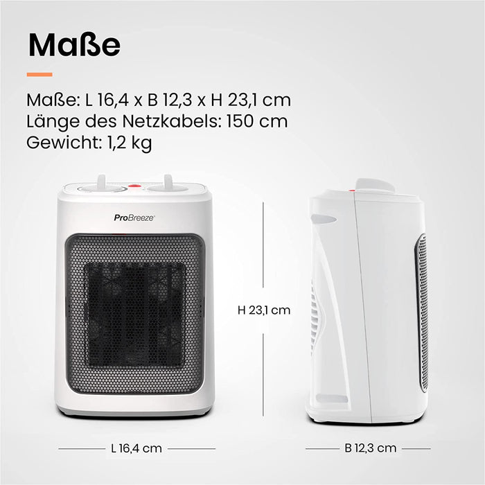 2000W Mini Keramik Heizlüfter mit Kaltstufen und drei Leistungsstufen - für Betrieb im Büro, Wohnzimmer, Schlafzimmer oder Terasse - Weiß