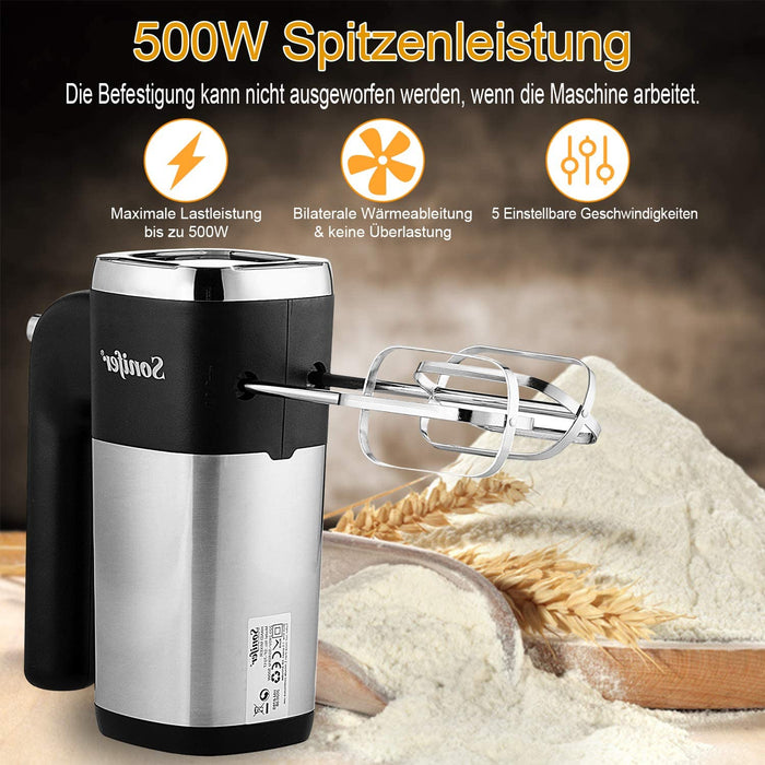 Handmixer Elektrischer, 500W Handrührgerät Edelstahl mit 5 Geschwindigkeiten plus Turbostufe, Auswurftastendesign, spülmaschinengeeignete