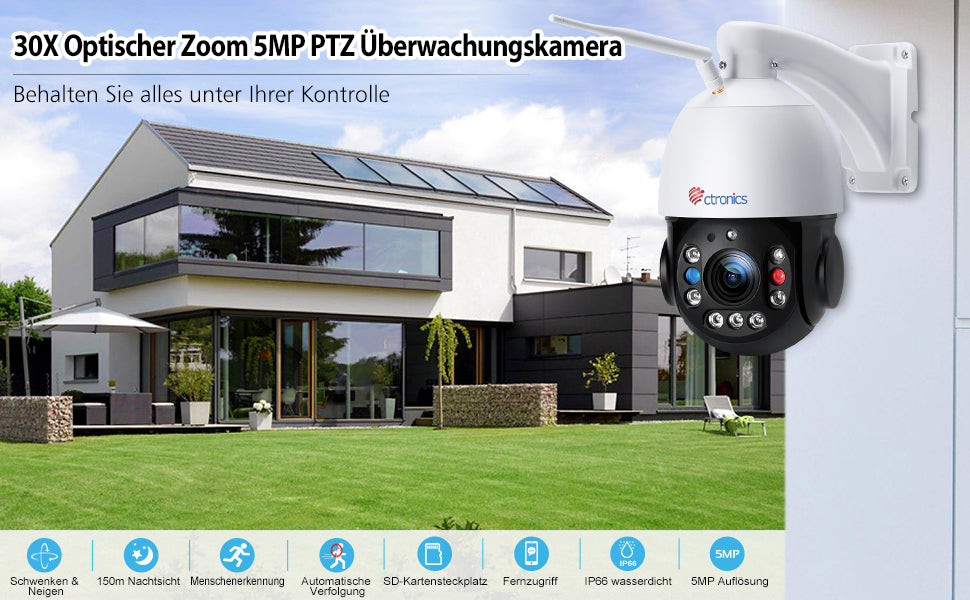 30X Optical Zoom 5MP PTZ Überwachungskamera Aussen, WLAN IP Dome Kamera Outdoor, Menschliche Erkennung, Automatische Verfolgung, 150M Nachtsicht