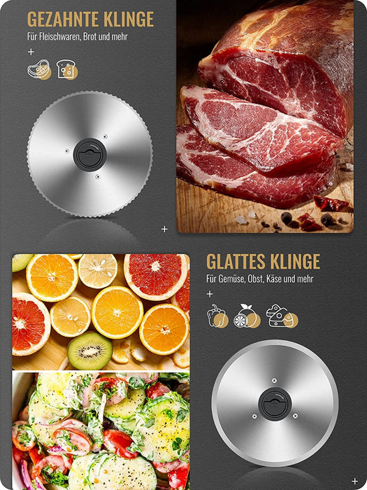 Brotschneidemaschine Elektrisch 200W, 2 rostfreies Edelstahlmesser, Leicht zu reinigen, Elektrische Allesschneider mit 0-15 mm einstellbarer Dicke