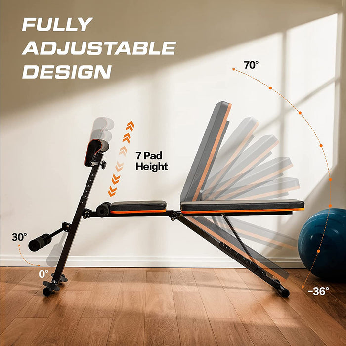 Hantelbank, robuste All-in-One-Bench für Ganzkörpertraining, Hantelbank klappbar mit 7 Rückenpositionen, zwei Trainingsbänder, Heim-Fitnessstudio