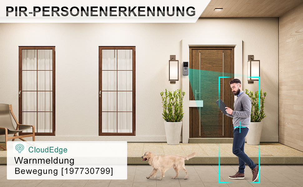 WLAN Video Türklingel mit Kamera 2K HD, Ctronics 10000mAh Akku Kabellose Video Doorbell mit Gong, PIR Personenerkennung, Erweiterte WLAN Verbindung