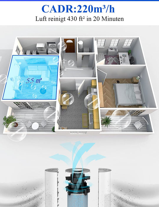 A8 Luftreiniger Allergie mit App Steuerung, 55㎡, H13 HEPA-Kombifilter, Leiser Betrieb, gegen Allergie, Gerüche, Pollen, Luftreiniger für Raucher, weiß