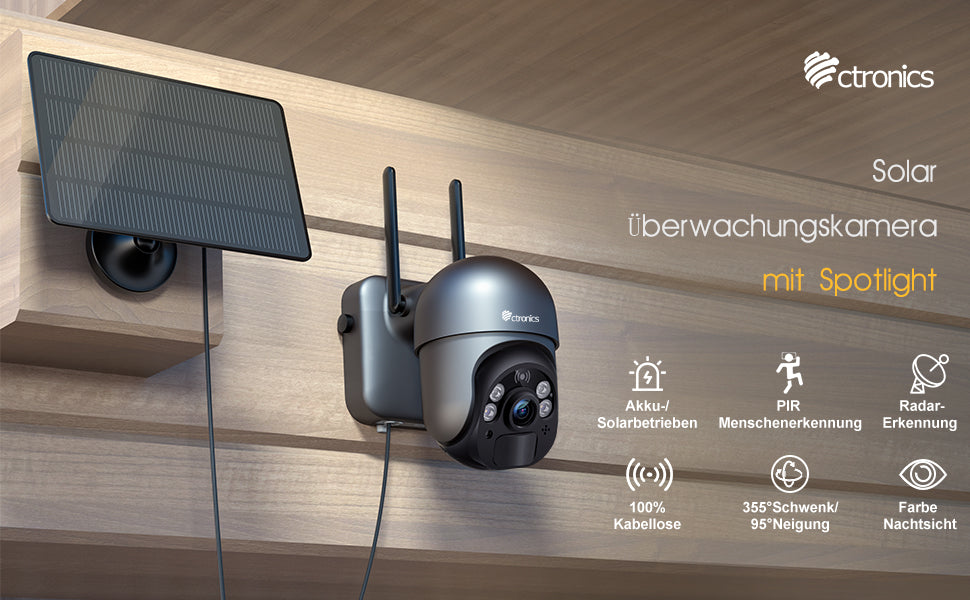 Überwachungskamera Aussen Akku 15000mAh 355°/95° Schwenkbar mit Solarpanel, 100% Kabellos PTZ WLAN IP Kamera Outdoor, PIR und Radar Erkennung