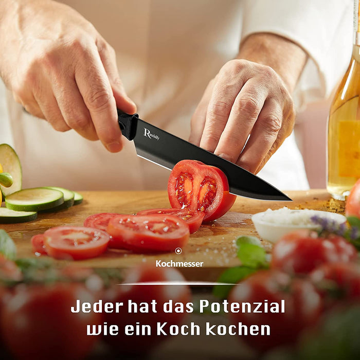 Messerset mit Messerblock Set, 7-TLG Kochmesser Set mit Messer, Schere, Messerblock zum Hacken von Fleisch/Gemüse/Obst