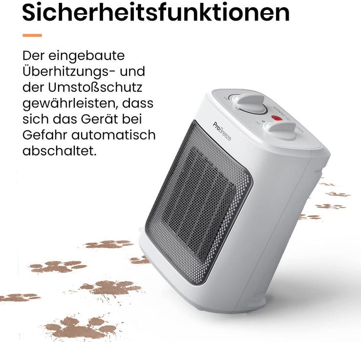 2000W Mini Keramik Heizlüfter mit Kaltstufen und drei Leistungsstufen - für Betrieb im Büro, Wohnzimmer, Schlafzimmer oder Terasse - Weiß