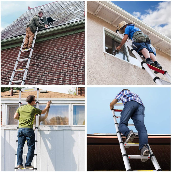 3,8M Teleskopleiter mit Stabilisator, Aluminium Ausziehleiter Hohe Mehrzweckleiter, 150 kg Belastbarkeit Schwarz