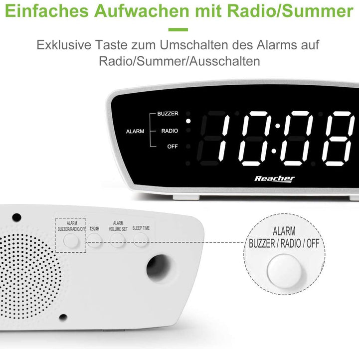 Radiowecker, Reacher Simple Wecker Radio mit USB-Ladebuchse, FM-Radio, Dimmer, 6 Snooze 9-Minuten-Intervalle, einstellbare Wecklautstärke