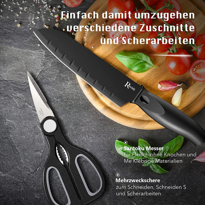 Messerset mit Messerblock Set, 7-TLG Kochmesser Set mit Messer, Schere, Messerblock zum Hacken von Fleisch/Gemüse/Obst