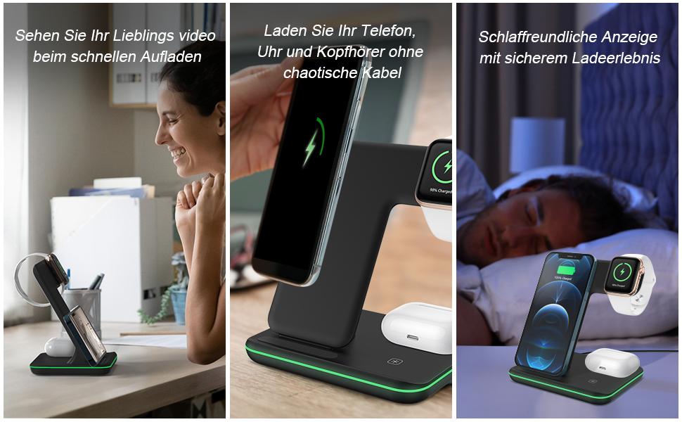 3 in 1 Kabelloses Ladegerät, Wireless Charger Induktive Ladestation mit QC Adapter