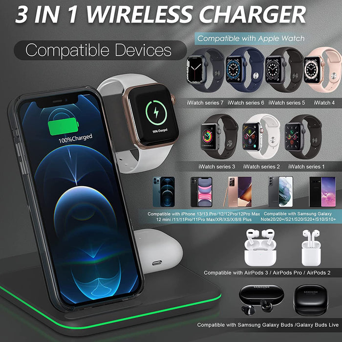 3 in 1 Kabelloses Ladegerät, Wireless Charger Induktive Ladestation mit QC Adapter