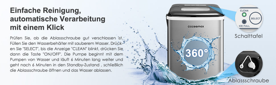 Eiswürfelmaschine, 12KG Eiswürfelbereiter, 2 Eiswürfel Größen, Edelstahl Eiswürfelmaschinen, 6 Minuten Produktionszeit Ice Maker, BPA-frei