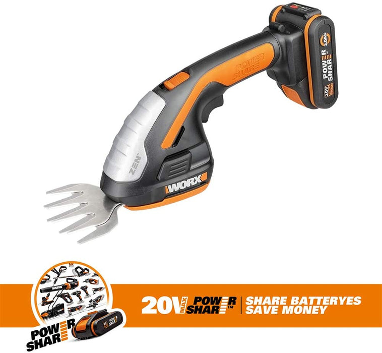 18V(20V MAX) Akku Gras- und Strauchschere WG801E.3, PowerShare, Heckenschere Rasenschere 12 cm Strauchtrimmer, 10 cm Grasmesser, Teleskopstiel