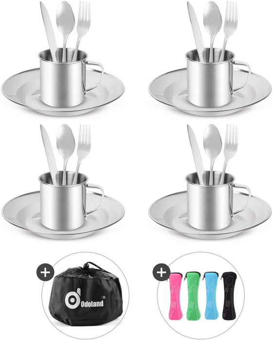 Campingbesteck Set Outdoor Reisebesteck Edelstahl Klappbesteck mit Neoprenhülle Teller Tasse ideal für Outdoor Kochgeschirr Reisen Wandern Camping