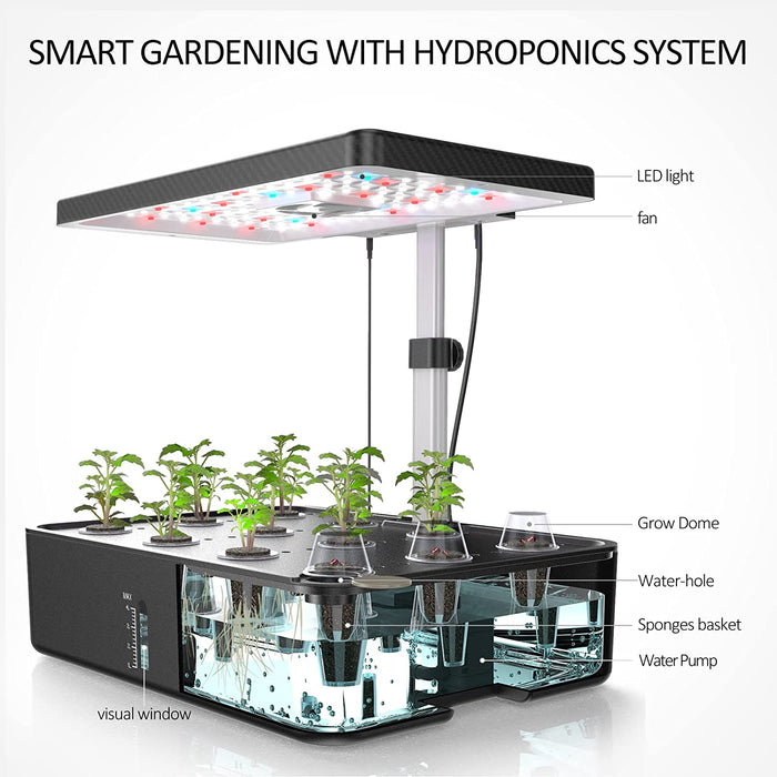 Hydroponisches Anzuchtsystem, 12Hülsen Smart Garden, 23W LED Pflanzenlampe mit Automatisch Timer, Höhenverstellbar Indoor Kräutergarten Kit, Schwarz