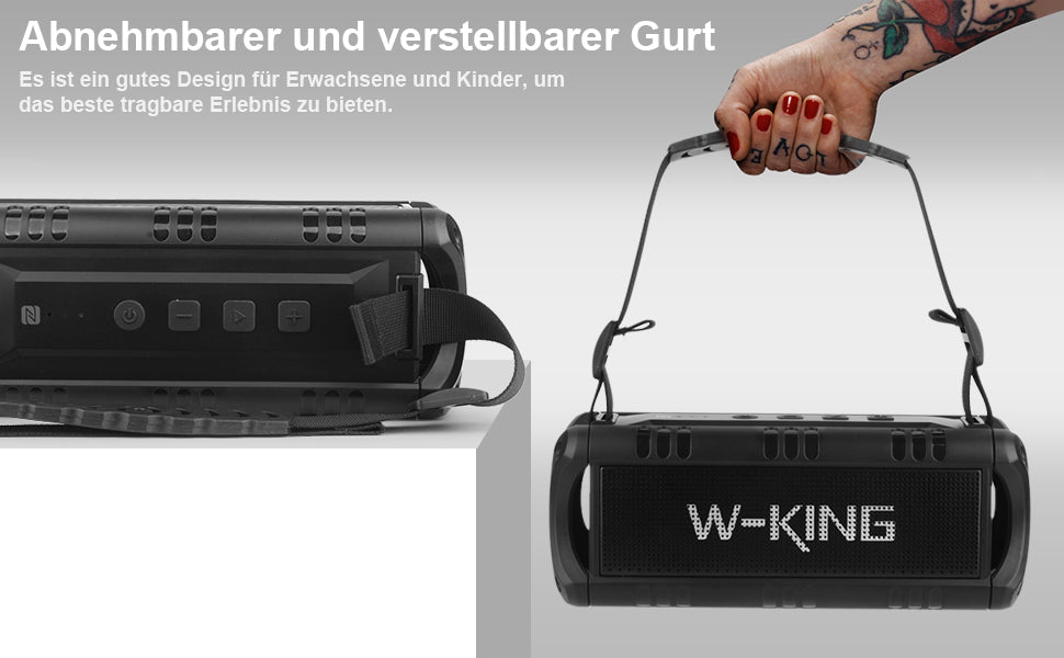 Bluetooth Lautsprecher, W-KING 30W Tragbarer Musikbox, 5000mAh Batterie, 24-Stunden Akkulaufzeit, Wasserdicht Bluetooth Speaker Box mit Bass