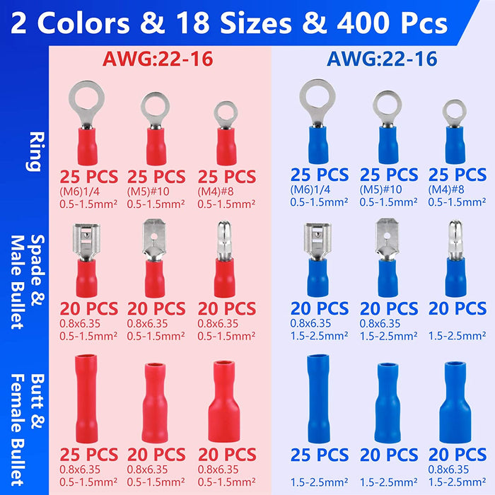 Kabelschuhe Set, Eventronic 400pcs Kabelschuhe Sortiment Quetschverbinder Set Elektrische Steckverbinder Kabelschuh Steckverbinder