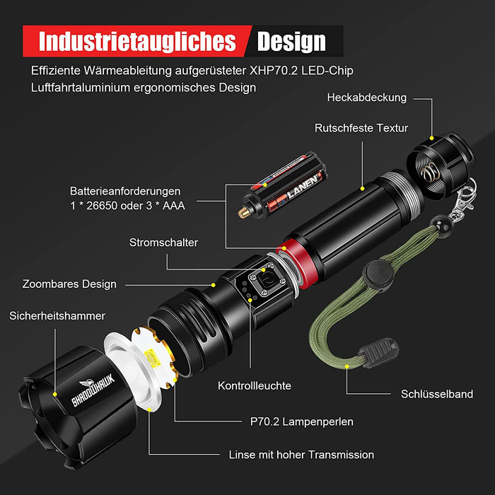 Taschenlampe Led 10000 Lumen, Extrem Hell Taschenlampe USB Aufladbar Taktische Taschenlampen Mit Holster IP67 Wasserdicht Camping Wandern Notfälle