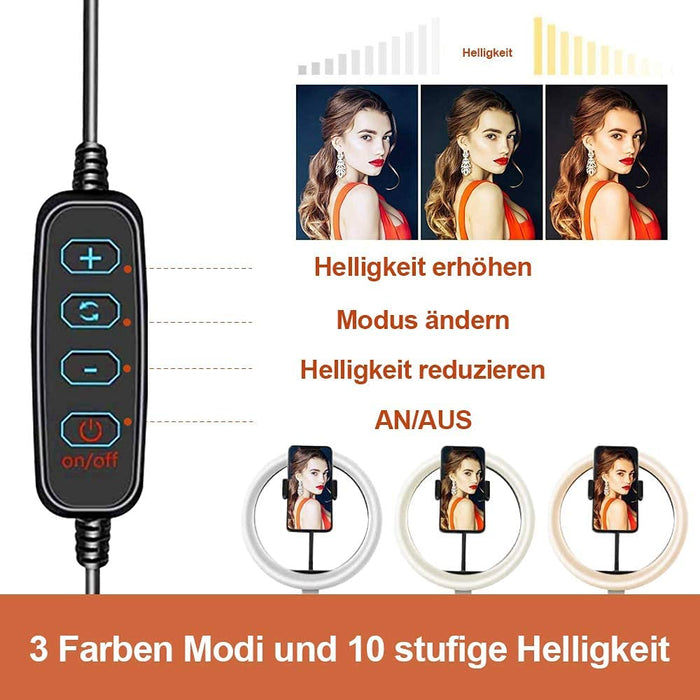 10.2 Zoll LED Ringlicht mit 15-63 Zoll Stativ, Dimmbare Selfie Ringleuchte mit Handyhalter und Fernbedienung, 3 Farbe und 10 Helligkeitsstufen für YouTube TikTok