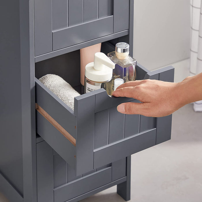 Badezimmerschrank, schmaler Badschrank aus Holz mit 4 Schubladen, 30 x 30 x 82 cm, Wohnzimmer, Schlafzimmer, Flur, tief, freistehend, Grau