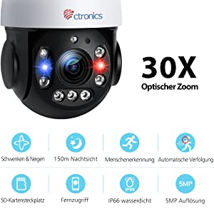 30X Optical Zoom 5MP PTZ Überwachungskamera Aussen, WLAN IP Dome Kamera Outdoor, Menschliche Erkennung, Automatische Verfolgung, 150M Nachtsicht
