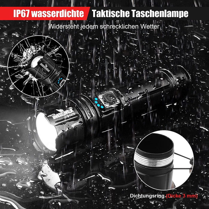 Taschenlampe Led 10000 Lumen, Extrem Hell Taschenlampe USB Aufladbar Taktische Taschenlampen Mit Holster IP67 Wasserdicht Camping Wandern Notfälle