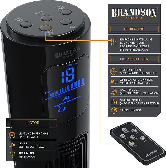 Turmventilator mit Fernbedienung 96 cm - Testsieger - mobiler Lüfter leise - Standventilator mit Oszilation - 3 Geschwindigkeiten 4 Lüftungs-Modi 