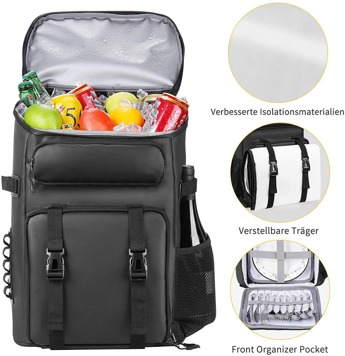 45L Kühltasche, Picknickrucksack, Lunchtasche, Thermotasche, Isolierrucksack für Lebensmitteltransport, Rucksack schwarz