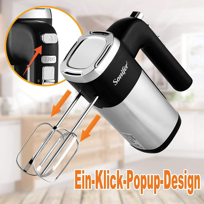 Handmixer Elektrischer, 500W Handrührgerät Edelstahl mit 5 Geschwindigkeiten plus Turbostufe, Auswurftastendesign, spülmaschinengeeignete