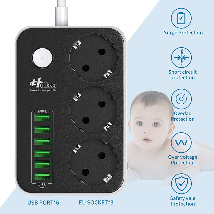 Mehrfachsteckdose HULKER Steckdosenadapter 3 fach/Steckdosen 6 USB -Anschlüsse, Steckdosenleiste mit überspannungsschutz, 1.6 m Verlängerungskabel EU