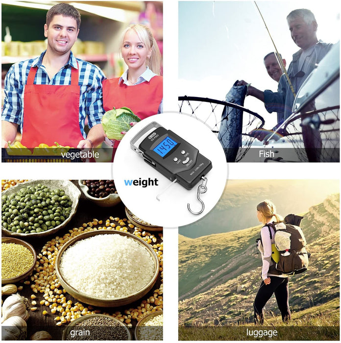 Digitale Kofferwaage,110 lb/50 kg Elektronische Digital Fischwaagen Handwaage mit Maßband, 2 AAA Batterien enthalten, Beleuchtetes Display (PS01)