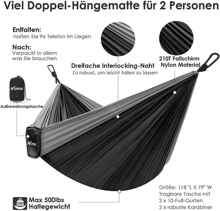 Hängematte Outdoor Ultraleicht mit Seilabdeckungen,300kg Tragkraft Hammock (300x200 cm),Atmungsaktiver, Schnell Trocknender Nylon Fallschirm