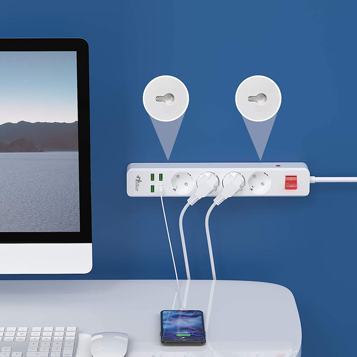 Steckdosenleiste mit USB, 10A Mehrfachsteckdose 4 Fach Steckdose 4 USB(5V/3.7A) mit Überlastschutz 1.6M Verlängerungskabel Mehrfachstecker