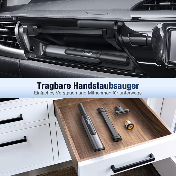 Handstaubsauger Akku Beutellos, Robit 17000Pa, kabellos, 3-in-1-Spaltdüse,90W Autostaubsauger mit 2200mAh Li-lonen Akku&30 Minuten Laufzeit für Auto Zuhause Wohnmobil Tierhaare - Staubsauger