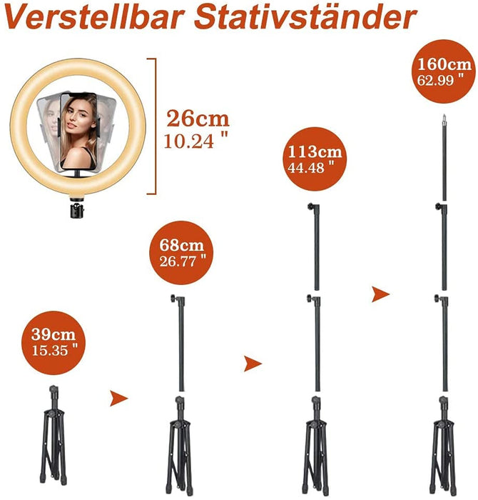10.2 Zoll LED Ringlicht mit 15-63 Zoll Stativ, Dimmbare Selfie Ringleuchte mit Handyhalter und Fernbedienung, 3 Farbe und 10 Helligkeitsstufen für YouTube TikTok