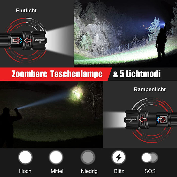 Taschenlampe Led 10000 Lumen, Extrem Hell Taschenlampe USB Aufladbar Taktische Taschenlampen Mit Holster IP67 Wasserdicht Camping Wandern Notfälle
