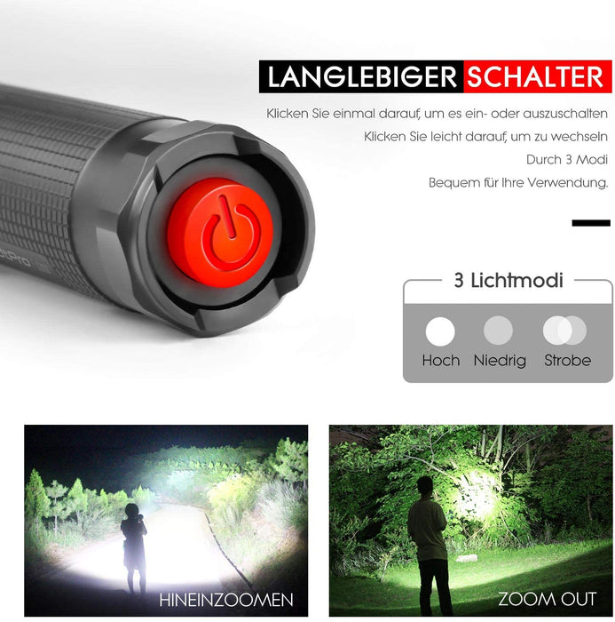 Extrem Hell LED Taschenlampe S3000, 3000 Lumen Taschenlampe mit 3 Modi und Lange Arbeitzeit, IP67 Wasserdicht Zoombar für Outdoor, Wandern, Camping