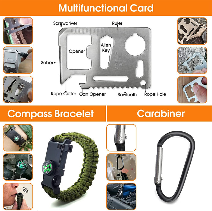 Survival Kit 13 in 1, Professionelles Notfall Survival Kit mit Klappmesser, Taschenlampe, Survival Ausrüstung für Outdoor Camping, Abenteuer, Wandern, Jagen, Angeln, Männer, Väter