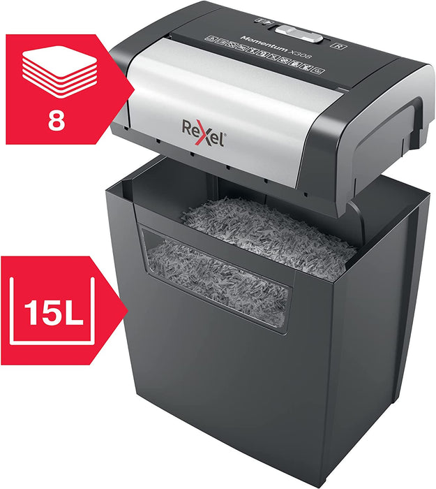 Aktenvernichter Momentum, Sicherheitsstufe P3, Partikelschnitt, 8 Blatt Kapazität, 15L Abfallbehälter, Schwarz