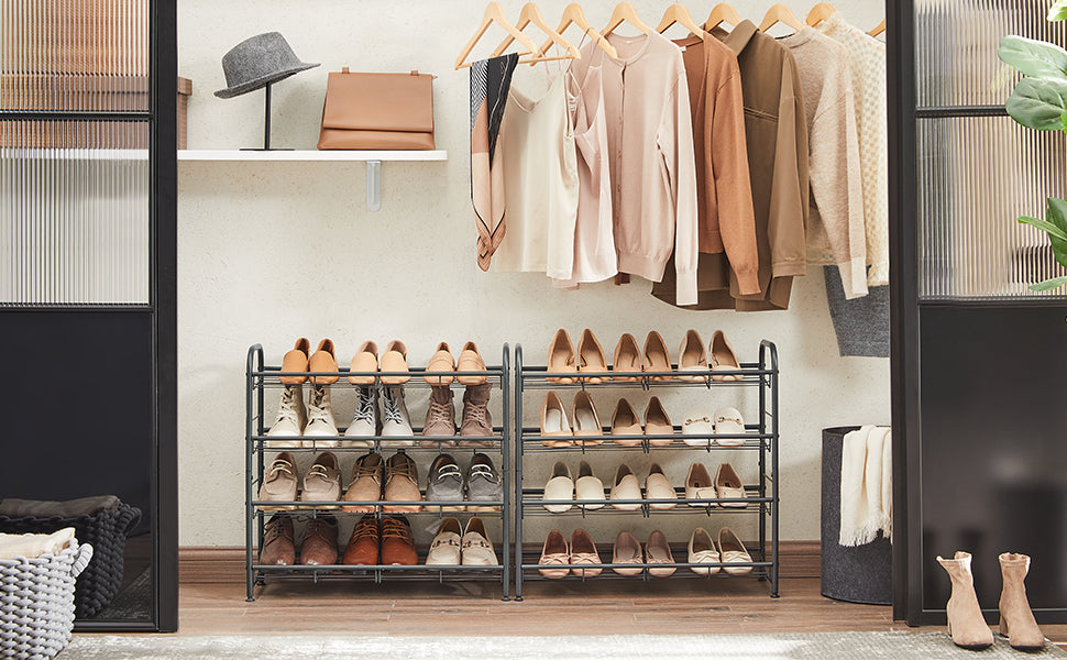Schuhregal mit 4 Ablagen, stapelbarer Schuh-Organizer, für bis zu 16 Paar Schuhe, aus Stahl, 68,5 x 27,5 x 65 cm, für High Heels, Turnschuhe